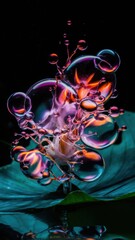 Canvas Print - A close up of bubbles on a leaf with water, AI