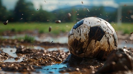a soccer ball on a muddy field after a rainy day, with splashes of mud on its surface.