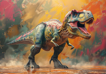 Fierce T-Rex Dinosaur Roaring in Colorful Prehistoric Landscape