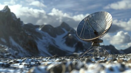 A 3D rendered image depicting a parabolic satellite dish antenna, which is utilized for the transmission and reception of signals to and from satellites. 