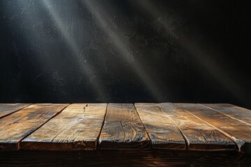 Poster - Wooden Tabletop With Sunbeams Shining Through a Dark Wall