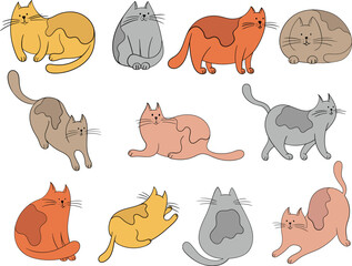  Set of cute simple doodle cats. Hand drawn simple animal illustration collection isolated on white background.