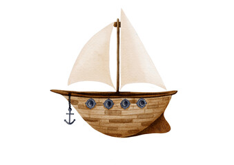 old wooden sailing boat watercolour illustration on transparent background 