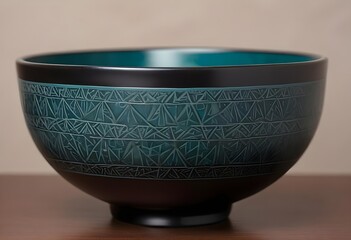 A close-up of a black ceramic bowl featuring intricate geometric patterns etched along the rim. The bowl has a smooth, matte finish with a subtle sheen, and the interior is dark and unadorned. The bac