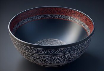 a close-up of a black ceramic bowl featuring intricate geometric patterns etched along the rim. the 