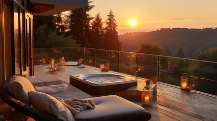 Wall Mural - Serene Sunset Balcony with Hot Tub