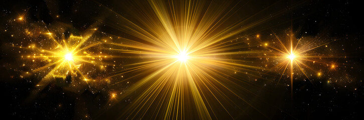 Canvas Print - Dynamic yellow Celestial Explosion set. Black Background with Glowing golden Sunburst, Digital Lens Flare, and Color-Adjusted Light Rays