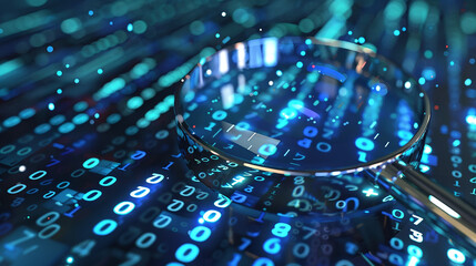 Data analysis concept with magnifying glass, digital data retrieval, binary code research, information technology, cyber security research