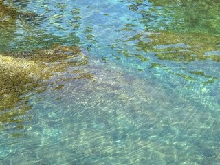 Sea clear rippled surface with stones and algae at the bottom