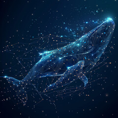 Wall Mural - A blue whale made of many shapes like polygons and dots. It's a digital concept of a whale with stars in the sky. The whale is built of lines and shapes.