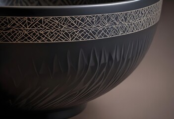 Wall Mural - A close-up of a black ceramic bowl featuring intricate geometric patterns etched along the rim. The bowl has a smooth, matte finish with a subtle sheen, and the interior is dark and unadorned. The bac