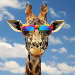 A cool picture of a giraffe with colorful sunglasses.