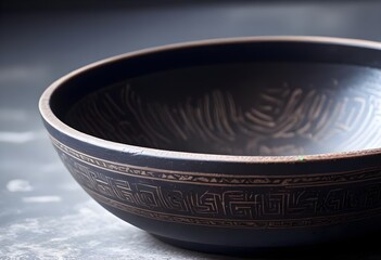 Wall Mural - A close-up of a black ceramic bowl featuring intricate geometric patterns etched along the rim. The bowl has a smooth, matte finish with a subtle sheen, and the interior is dark and unadorned. The bac