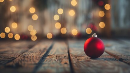 Sticker - Small red Christmas ornament on wooden table with blurred studio wall background