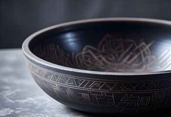 Wall Mural - A close-up of a black ceramic bowl featuring intricate geometric patterns etched along the rim. The bowl has a smooth, matte finish with a subtle sheen, and the interior is dark and unadorned. The bac