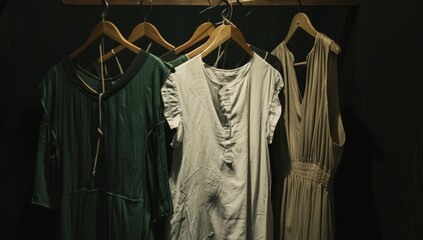 Poster - Black background, hanging on hangers in the foreground, a white shirt and green top.