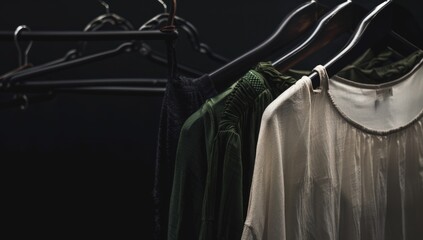 Wall Mural - Black background, hanging on hangers in the foreground, a white shirt and green top.