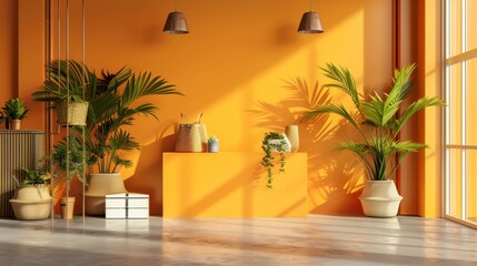 Wall Mural - Modern interior with plants and bright yellow walls