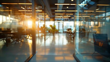 Wall Mural - Blurred office interior with glass walls and modern furniture, blurred background.