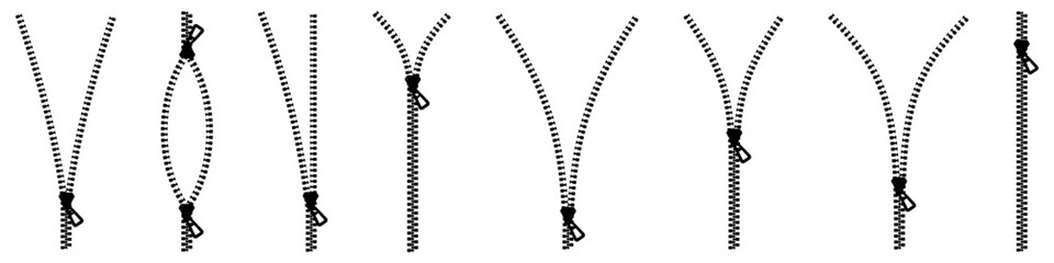 Zipper set. Zipper silhouette collection.  Zipper buttoned. Vector illustration.