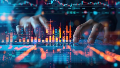 Hands analyzing stock market charts on digital screen with glowing bar graph and line chart.