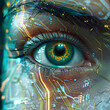 © Isaiah - woman closeup eye corneal iris green yellow information technology advanced chip nanochip microchip intelligence transformation merge golden specs grooves circuits transistor resistor