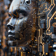 computer circuit program robot chip orange neon lights system metallic alloy humanoid cyborg android