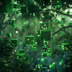 inner cpu computer system science technology green theme neon lights coding program cubes lines nature tree strings connections merged