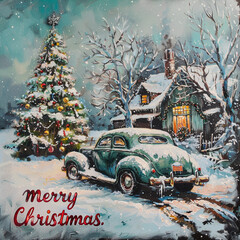 christmas at home snow barren trees christmas tree outdoors cartoon style soft painting car merry christmas label