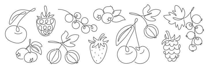 Abstract Berries doodle set. Vegetarian food, natural healthy Berry fruit in sketch style. Black line Hand drawn Modern illustration. Summer harvest. Design element