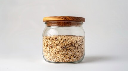 Canvas Print - Healthy vegan concept Uncooked oats in glass jar on white background