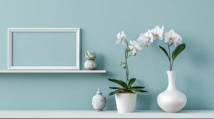 Wall Mural - Contemporary room decor with picture frame imitation White shelf on pale blue wall with pottery and succulent Placing potted orchid