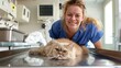 © jodoto - Veterinarian Caring for Persian Cat - A smiling veterinarian in blue scrubs attending to a Persian cat in a clinic, showcasing animal care and veterinary services.
