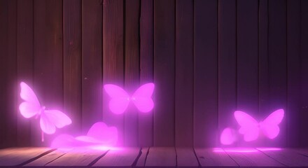 Wall Mural - Luminous pink butterflies rest on weathered wooden planks against a dark mysterious background Ethereal glow emanates from the delicate creatures creating a magical dreamlike atmosphere 4k animation