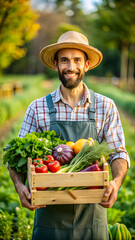 Charming male farmer holding a crate full of fresh vegetables in the farm garden.