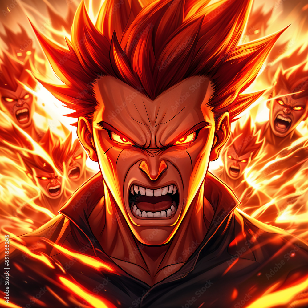 Digital artwork featuring a man with red hair and a fierce expression ...