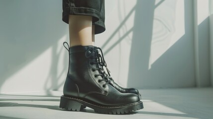 Wall Mural - Close up of woman wearing black leather boots with block heel round toe and embossed hard sole on white background with leg shadows