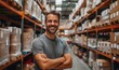 © Snapshot Lens - Confident man is smiling and standing in a warehouse with shelves filled with boxes, suggesting a role in logistics or inventory management, Generative AI