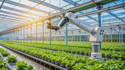 Robotic farmer arm precisely waters futuristic crops with advanced automated agricultural technology, showcasing innovative precision farming methods in a modern greenhouse setting.