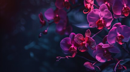 Poster - Close up of purple orchid flowers on dark background with shallow depth of field