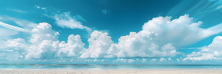 Wall Mural - Beautiful tropical beach with blue sky and white clouds abstract texture background. Copy space of summer vacation and holiday business travel concept.