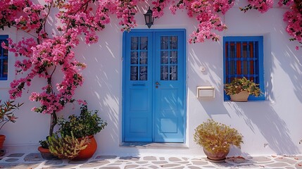   A white house features a blue door and window with potted plants surrounding it