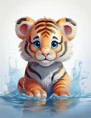 Wall Mural - Portrait of a funny baby tiger in the water 3d cartoon on a neutral white background 