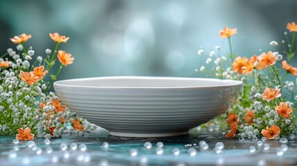 Wall Mural -   A white bowl rests atop a table, adjacent to an orange-filled vase and baby's breath