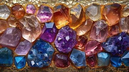 Wall Mural -   A close-up of various-colored stones on gold foil with a clock in the background