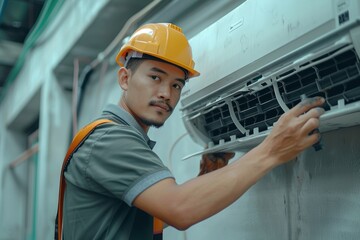 A man wearing a hard hat is diligently working on repairing an air conditioner. This image can be used to depict maintenance, repair, or construction work related to air conditioning, Generative AI