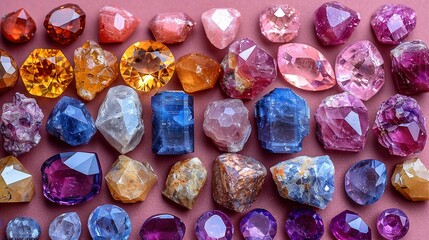 Wall Mural -   Table with diverse crystal samples on pink countertop and adjacent scissors