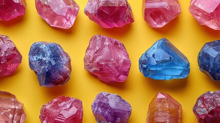 Wall Mural -   A collection of diverse-colored crystals placed atop a yellow and pink background, positioned adjacent on a yellow surface