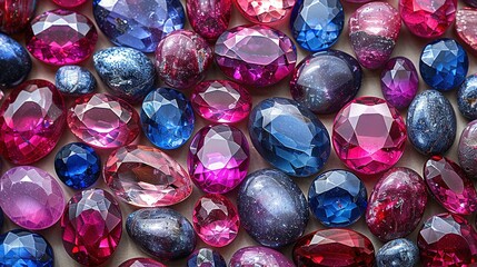 Wall Mural -   A macro of colorful stones spread out on a table, dotted with water pearls