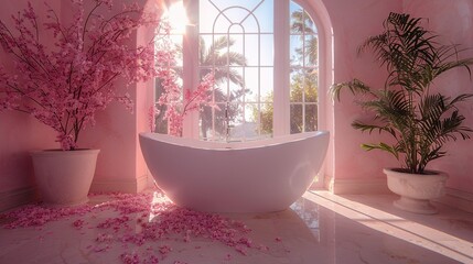 Wall Mural -   A pink bathroom with a bathtub, pink petals on the floor, and a potted plant in the window